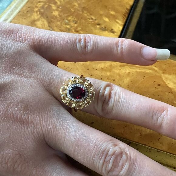 Rhodolite Garnet Citrine Sterling Silver Double Halo Ring Size 6 - Picture 3 of 8